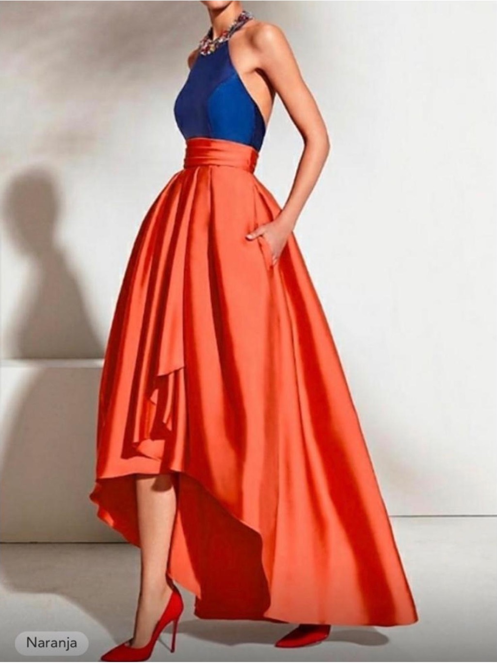 Blue Halter Top With Orange High-Low Satin Skirt Dress